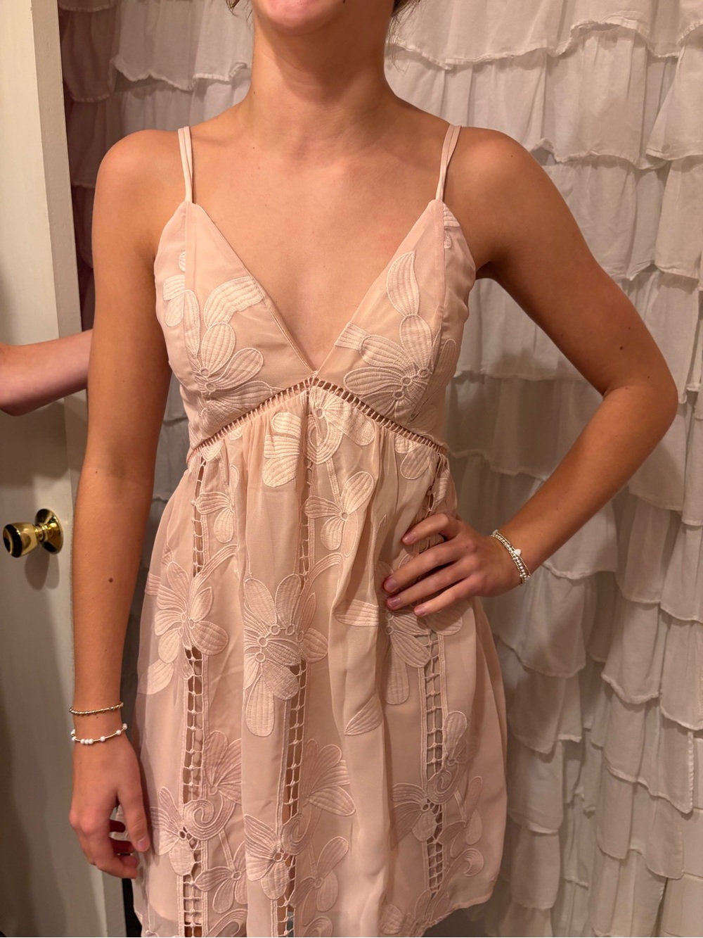 Lovers + Friends Pale Blush Embroidered Spaghetti Strap Mini